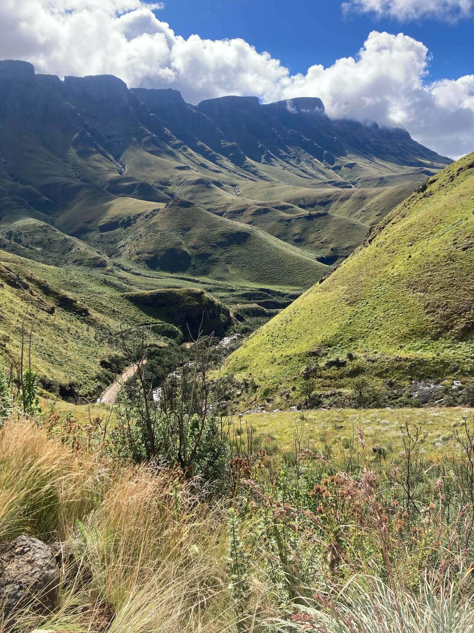 Vaste paysage de montagne verdoyante au soleil, avec un vallon profond, une route en contrebas, des pentes couvertes d’herbes et un massif rocheux au fond sous un ciel bleu nuageux.